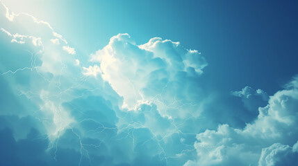 Blue sky with white clouds and lightning, light effects, high resolution photography, professional color grading, soft shadows, balanced contrast.
