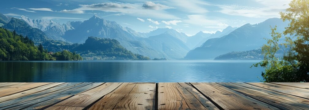 Lake and mountains. Wooden pier background