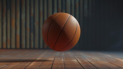 Obraz premium A basketball is captured mid-air in a dimly lit basketball court, showcasing detail and texture with an athletic atmosphere.