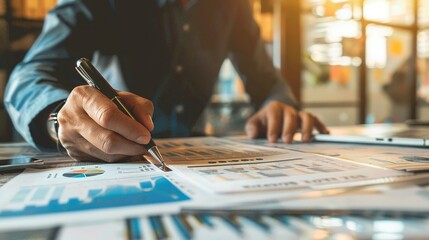 Obraz premium Person analyzing charts and graphs at a desk, reviewing financial data with a pen in hand in a bright office environment.