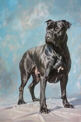 Majestic black dog stands under stormy sky.