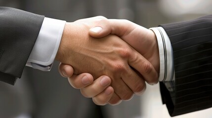 Obraz premium Close-up of two business professionals shaking hands, symbolizing partnership, agreement, and successful cooperation in a corporate setting.