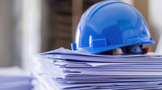 Blue construction helmet resting on a stack of documents, symbolizing construction project planning and safety regulations.