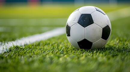 Fototapeta premium Soccer Ball on Green Field Close-Up. Generative ai