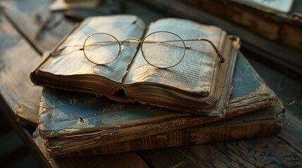 A book with a pair of glasses on top of it. The book is open to a page with a person's name on it