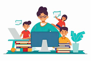 A woman is sitting at a desk with a computer and a stack of books. She is smiling and she is enjoying her work. The children in the background seem to be playing and having fun