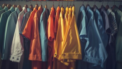 Colorful shirts hanging neatly in a wardrobe, organized by hue, creating a visually appealing and vibrant display of fashion options.
