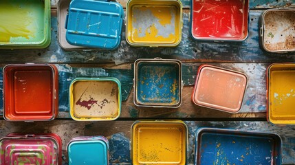 Colorful paint trays arranged in an abstract pattern, showcasing vibrant hues and artistic creativity.
