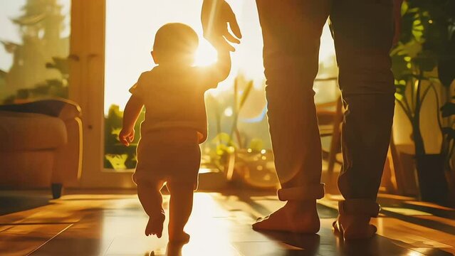 A baby's first steps. At the window, the baby learns to take her first steps with the help of her father. happy family kid dream concept