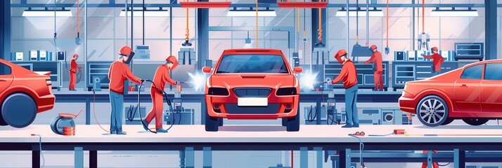 Workers in red overalls assemble car bodies in an industrial automotive body shop, using welding torches and other equipment. Generative AI
