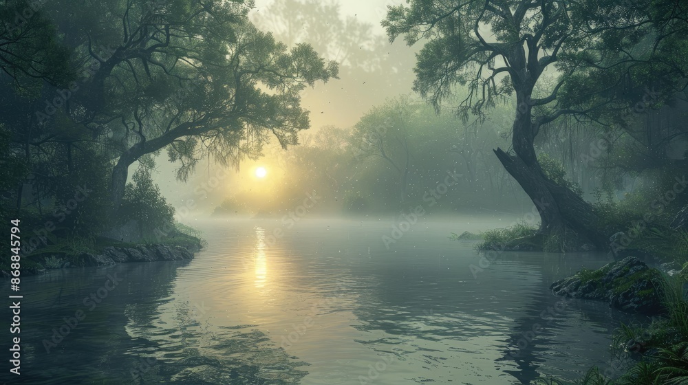 Wall mural a forest with a river and a tree with a hole in it. the sky is cloudy and the sun is setting