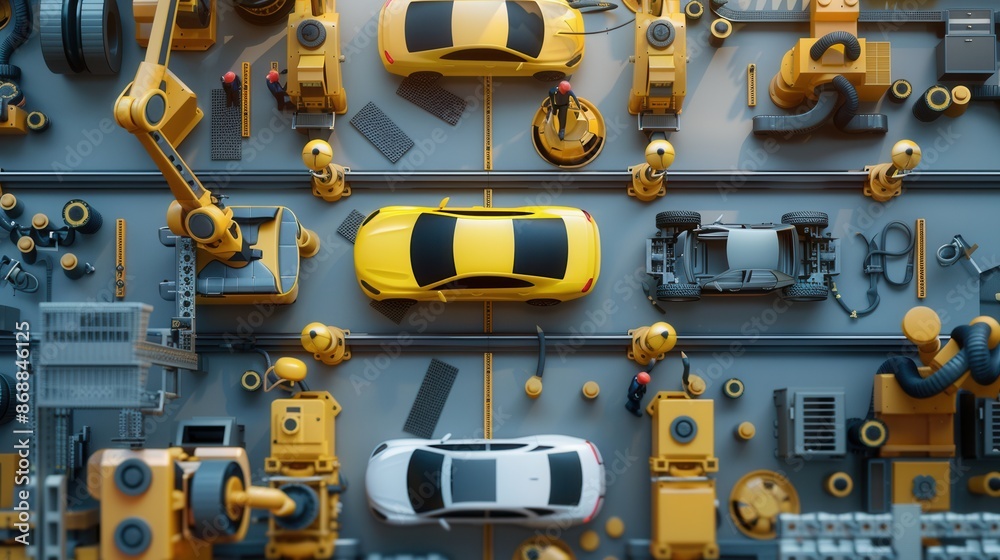 Poster an overhead view of a modern car assembly line showcasing robots and human workers collaborating to 