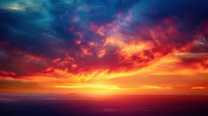 Fototapeta premium This image features a breathtaking sunset with vibrant colors and dramatic clouds, symbolizing the beauty of nature and the fleeting moments of twilight. Perfect for scenic themes.