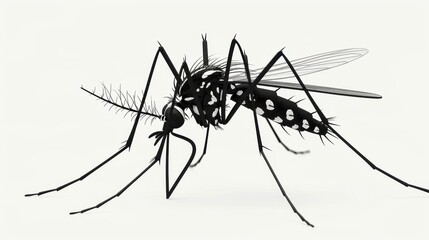 A highly detailed image of a mosquito against a stark white background, illustrating its complex structure and anatomy. Ideal for entomology, health, and education purposes.