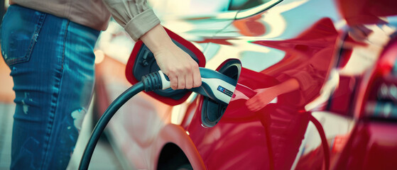 Obraz premium Close up of woman's hand plugging in electric car charging station, getting ready to drive the new red vehicle on street