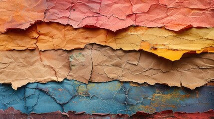 Fototapeta premium A colorful wall made of torn paper. The wall is made of different colored paper, with some pieces of paper being torn and others being cut. The wall has a unique and artistic appearance