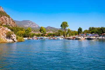 Boats at Dalyan river in Dalyan town, Turkey