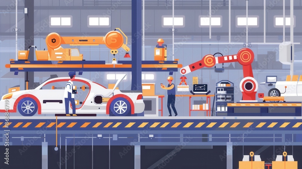 Leinwandbilder A dynamic illustration depicting a modern car assembly line with workers and robots collaborating to assemble vehicles. Generative AI