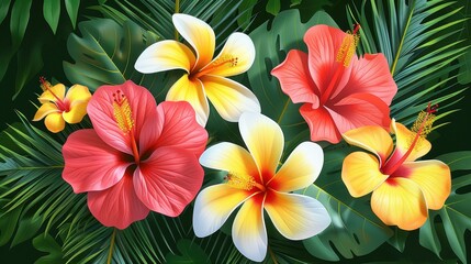 An artistic display of colorful tropical flowers including yellow, white, and red hibiscus with an array of lush green leaves, capturing the essence of tropical beauty.