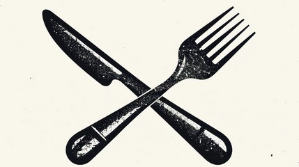 An artistic depiction in black and white of a fork and knife crossed against each other, representing culinary themes. Stark contrast and sharp lines define the image.