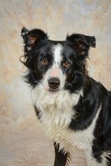 Fototapeta premium Close-up of a Border Collie dog with expressive eyes on beige background.