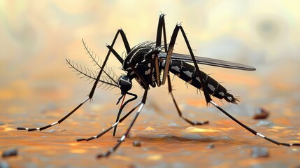 This image features a mosquito in profile rendered with remarkable detail, highlighting the fine structure of its body and limbs against a subtly colored background.
