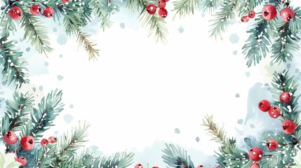 Christmas-themed border image with vibrant red berries and green pine branches, perfect for festive greeting cards or holiday themed content. Winter, celebration.