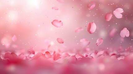 Obraz premium Romantic pink cherry blossom petals gently fall down, evoking emotions of love, beauty, and the transient nature of life captured in an enchanting, dreamlike setting.