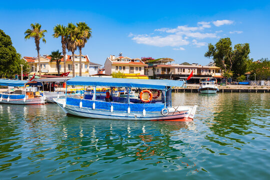 Boats at Dalyan river in Dalyan town, Turkey