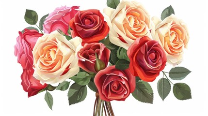 Obraz premium A gorgeous assortment of roses featuring red, pink, and cream colors, adorned with green leaves, representing the natural beauty and elegance of floral arrangements.