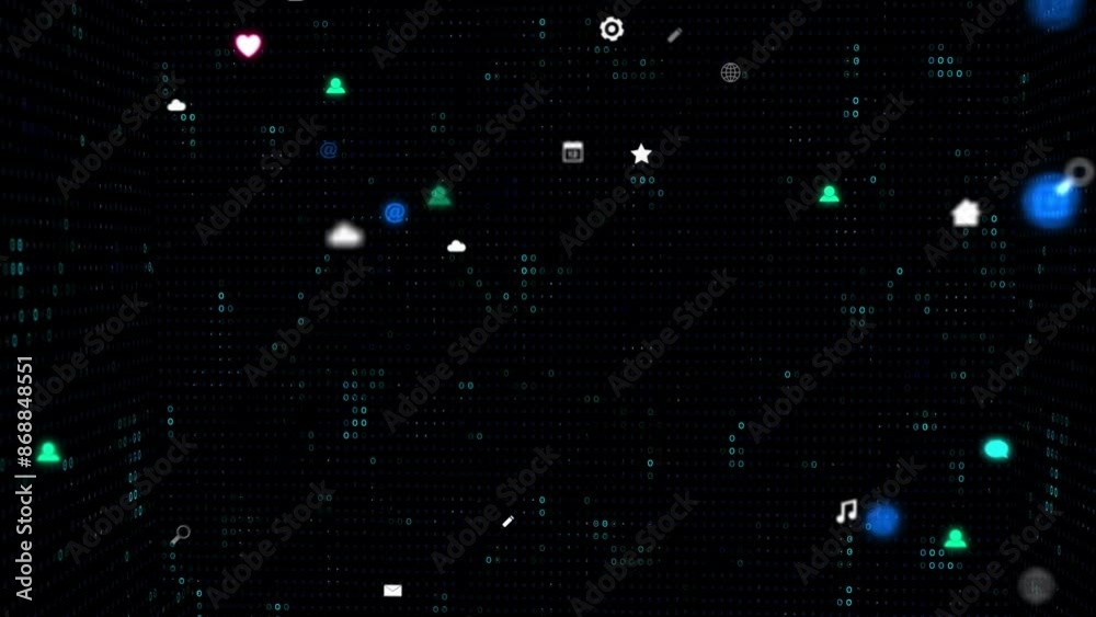 Poster Digital, connection and business icons for abstract with neon glow, futuristic software and big data animation. Creative, virtual and innovation for transformation development design of system