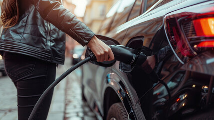 Fototapeta premium Close up of woman's hand plugging in electric car charging station, getting ready to drive the new black vehicle on street