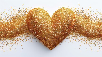 An image of a glittering heart shape on a white surface, rich in golden shimmer and sparkles, representing love, affection, and luxury. Exudes a feeling of celebration.