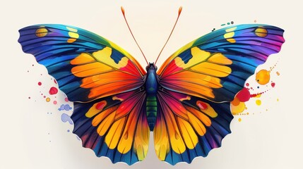 This enchanting image showcases a vibrant butterfly with rainbow-colored wings, accentuated by splashes of vivid colors, embodying beauty and creativity.