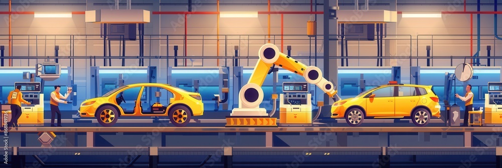 Poster A dynamic illustration of a modern car assembly line with workers and robots assembling cars. Generative AI