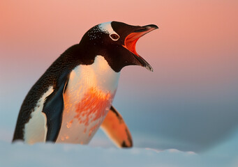 Naklejka premium national geographic magazine photography of a penguin opening its mouth in the snowy background, pink and blue sky in evening