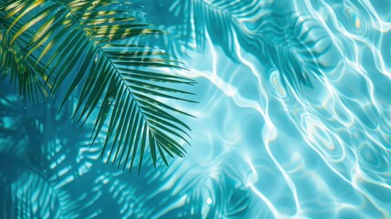 The image features pristine turquoise pool water reflecting palm leaves, evoking feelings of relaxation and tropical serenity. The reflections create soothing light patterns.