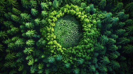 Aerial view of a green forest with a human fingerprint overlay, symbolizing deforestation and human impact on biodiversity..