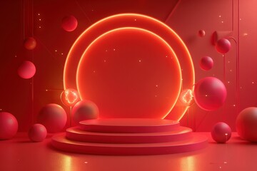 Minimal Podium decorate with red background. product advertising and showcase