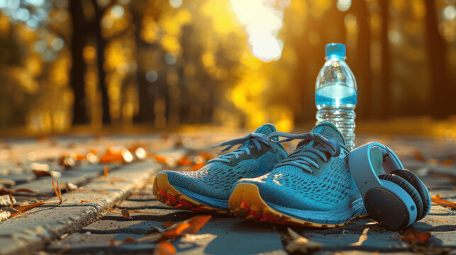 A pair of blue running shoes with bottle water and headphone.
