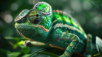 Obraz premium A green and brown lizard with a green head and green eyes. The lizard is sitting on a leaf