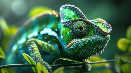 Obraz premium A green and brown lizard with a green head and green eyes.