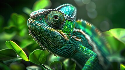 Obraz premium A green and brown lizard with a green head and green eyes.