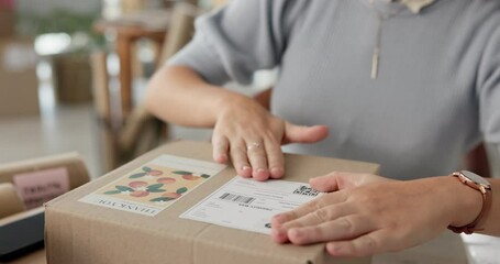 Business, woman or hands with sticker on package for delivery for online order, box for shipping and courier. Logistics, entrepreneur and seller with wrapping parcel or product label for distribution