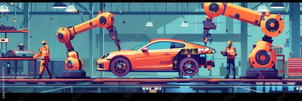 Poster an illustration depicting a modern automotive assembly line, showcasing workers and robots collabora