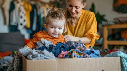 Obraz premium A woman is helping a baby sort through a pile of clothes. The baby is wearing an orange sweater