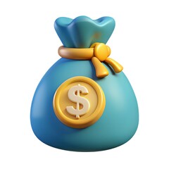 3D illustration of a blue money bag, golden dollar sign, tied with yellow string, glossy finish,...