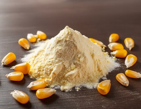 A pile of corn kernels and corn flour on a wooden table