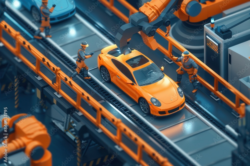 Poster a scene of robots alongside workers on an automotive assembly line, highlighting state-of-the-art te