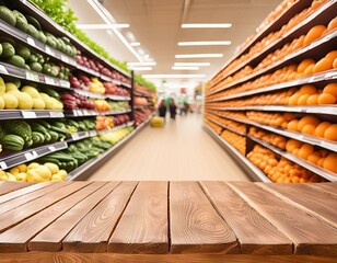 Fototapeta premium A grocery store with a wooden counter and a view of the produce section